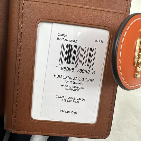 Coach Medium Corner Zip Wallet In Signature Canvas With Orange Print In Tan NWT - Picture 4 of 5